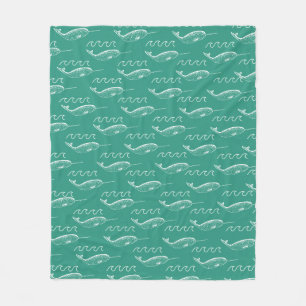 Nautical White Narwhals & Waves in Sea Green Fleece Blanket