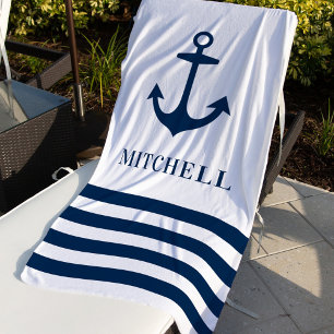 Nautical White Navy Anchor Monogram Name Beach Towel