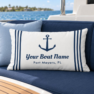 Nautical White Navy Anchor Stripe Boat Name Lumbar Cushion