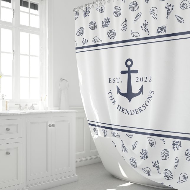 Nautical White Navy Blue Anchor Monogrammed Shower Curtain (Creator Uploaded)