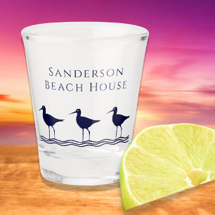Nautical White Navy Blue Sandpipers beach house   Shot Glass