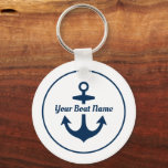 Nautical White Navy Personalized Boat Name Anchor Key Ring<br><div class="desc">Round nautical keychain design features a simple,  stylish white and navy blue coastal style design with boat anchor accent. Personalize the custom script text with the name of your boat.</div>