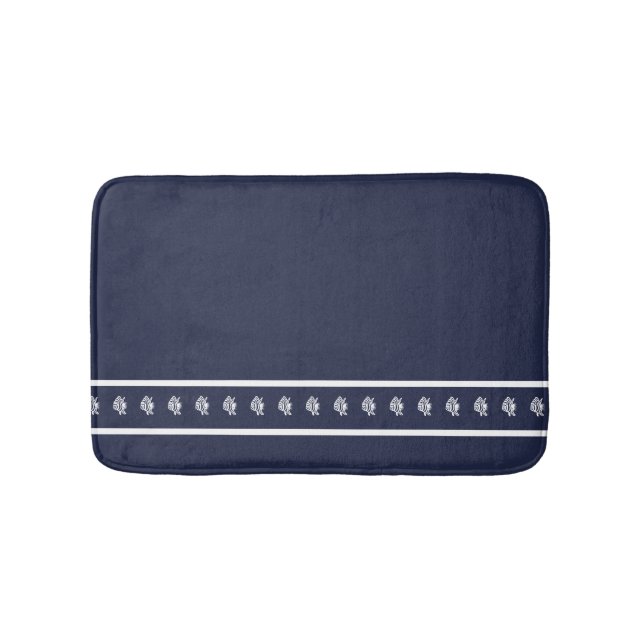 Nautical White on Navy  Angelfish Fish Coastal Bath Mat (Front)