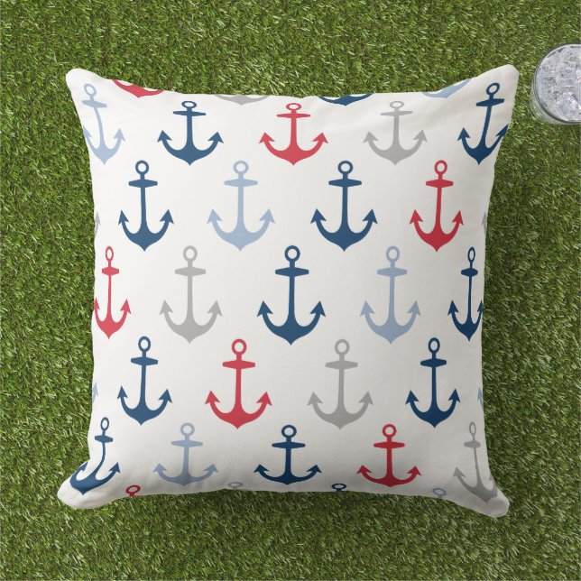 Nautical White Red Navy Anchor Pattern Cushion (Grass)