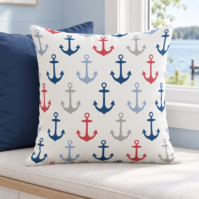 Nautical White Red Navy Anchor Pattern Cushion (Creator Uploaded)