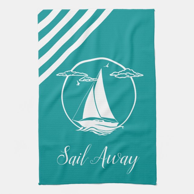 Nautical white sail boat/sail away/ silhouette tea towel (Vertical)