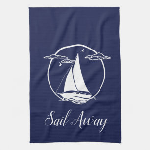 Nautical white sail boat/sail away/ silhouette tea towel