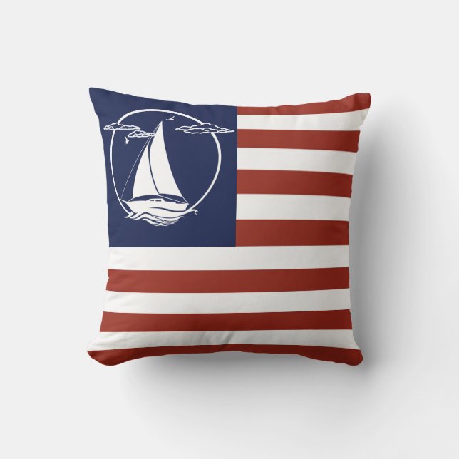 Nautical white sailboat/American flag stripe  Cushion (Front)