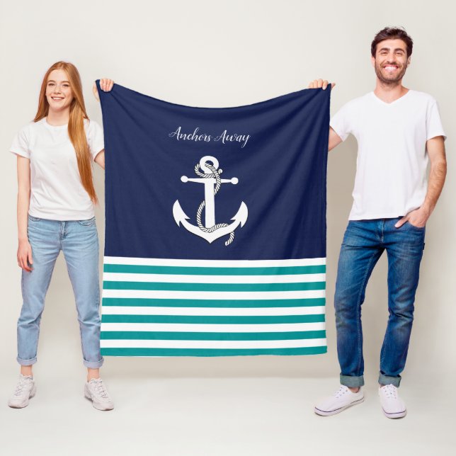Nautical white sailboat/anchor away/aqua/navy blue fleece blanket (In Situ)