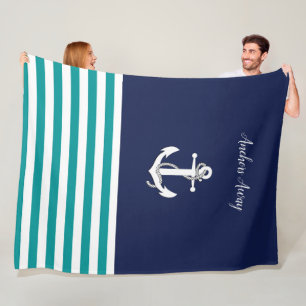 Nautical white sailboat/anchor away/aqua/navy blue fleece blanket