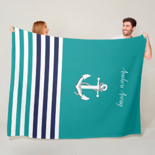 Nautical white sailboat/anchor away/aqua/navy blue fleece blanket
