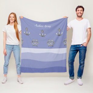 Nautical white sailboat/anchors away/blue wave  fleece blanket