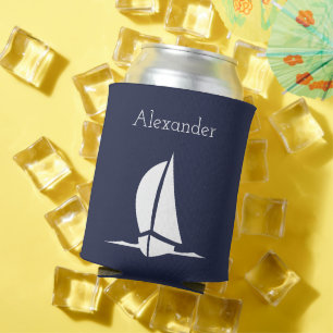 Nautical White sailboat Navy blue Coastal  Can Cooler