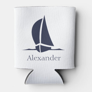 Nautical White sailboat Navy blue Coastal Monogram Can Cooler