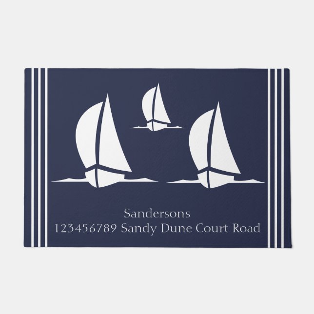 Nautical White sailboat Navy blue Coastal Monogram Doormat (Front)