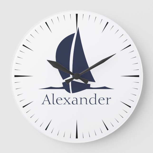 Nautical White sailboat Navy blue Coastal Monogram Large Clock (Front)