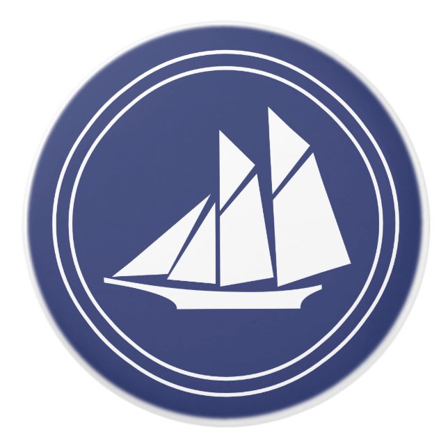 Nautical | White Sailboat on Dark Blue Ceramic Knob (Front)