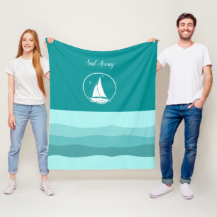 Nautical white sailboat/sail away/aqua wave blue fleece blanket