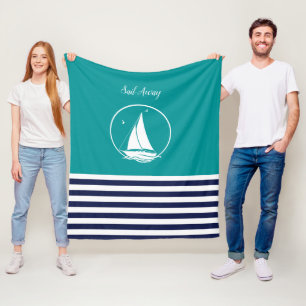 Nautical white sailboat/sail away/navy/aqua blue fleece blanket