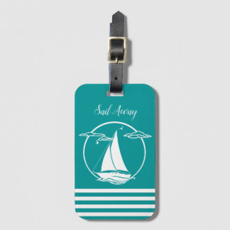 Nautical white sailboat silhouette/sail away/aqua luggage tag