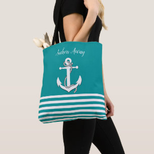 Nautical white sailboat silhouette/sail away/aqua tote bag