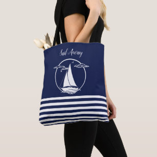Nautical white sailboat silhouette/sail away/blue tote bag