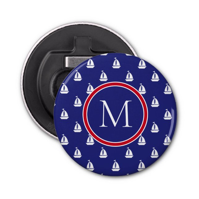 Nautical White Sailboats on Navy Blue Monogram Bottle Opener (Front)