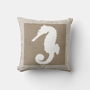 Nautical White Seahorse Silhouette & Faux Burlap Cushion