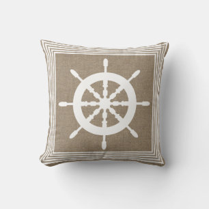 Nautical White Ship Helm & Faux Burlap Cushion