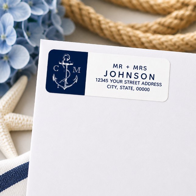 Nautical White Sketch Anchor Navy Monogram (Navy nautical sketch anchor address labels for the couple.
)