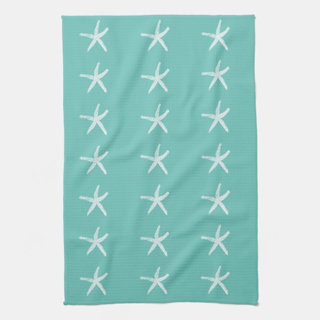 Nautical White Starfish Patterns Teal Blue Beach Tea Towel (Vertical)