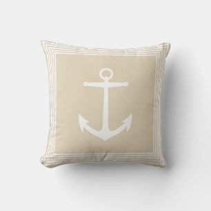 Nautical White Stripes Anchor & Sandy Taupe Cushion