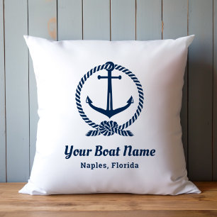 Nautical White Welcome Aboard Boat Name Anchor Cushion
