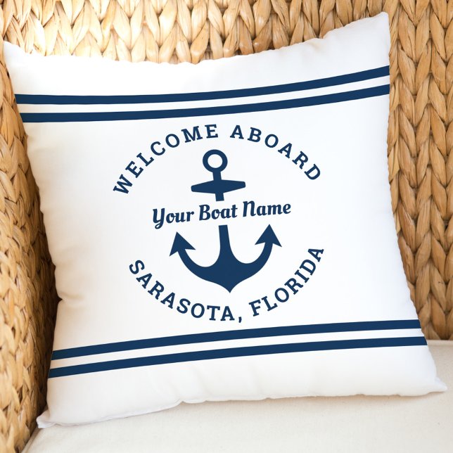 Nautical White Welcome Aboard Boat Name Anchor Cushion (Creator Uploaded)