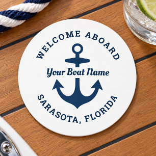 Nautical White Welcome Aboard Boat Name Anchor Round Paper Coaster