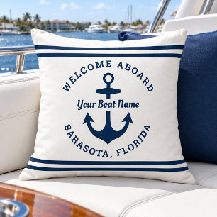 Nautical White Welcome Aboard Boat Name Cushion