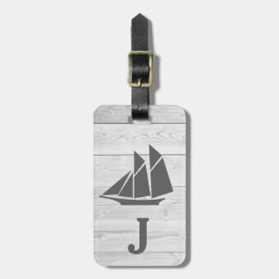 Nautical White Wood & Grey Sailboat Monogram Luggage Tag