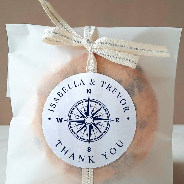 Nautical Wind Compass White | Navy Thank You Classic Round Sticker (Creator Uploaded)
