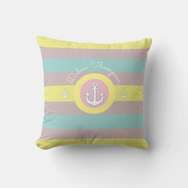 nautical with anchor, yellow, blue & pink striped cushion (Front)