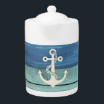 Nautical Wood Turquoise Blue White Anchor<br><div class="desc">Teapot with a turquoise and blue distressed wood and white anchor design.  Perfect for your coastal beach vacation home or rental or for your nautical/beach theme kitchen makeover.</div>