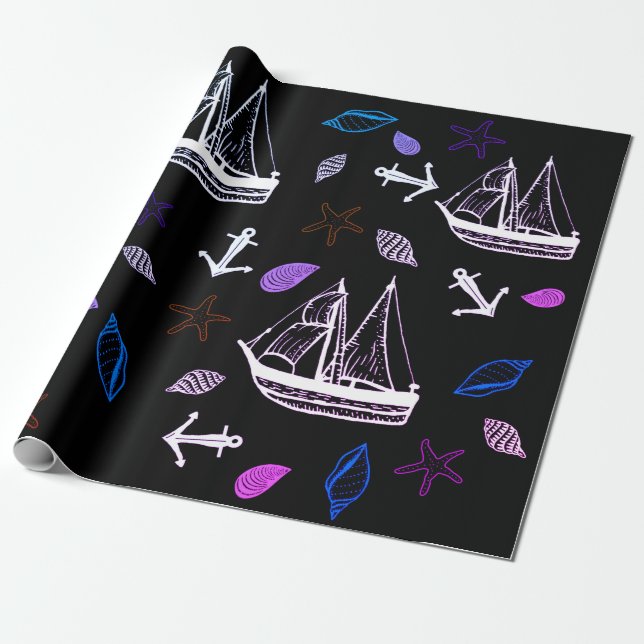 Nautical wrapping paper, ocean theme paper (Unrolled)