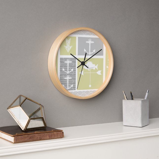 Nautical Yellow and Grey Anchor Fish Weather Vane Wall Clock (Office)