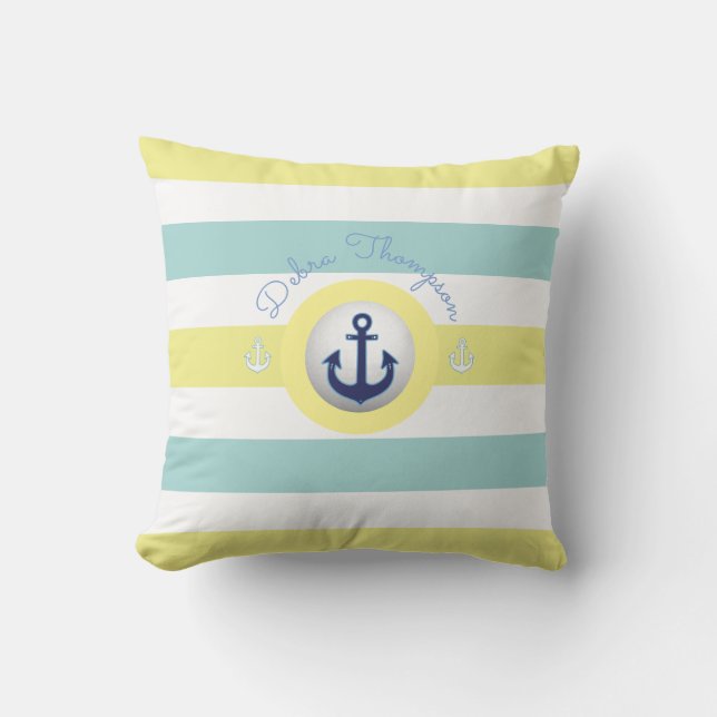 nautical yellow & blue striped outdoor cushion (Front)