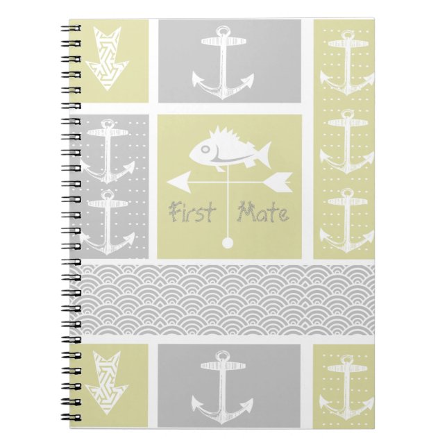 Nautical Yellow Grey Anchor Fish Weather Vane Spiral Notebook (Front)