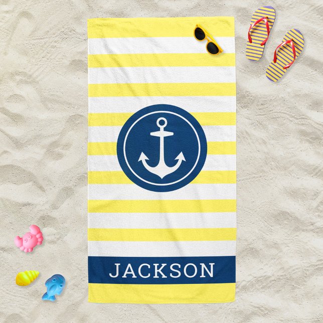Nautical Yellow Stripe Anchor Monogram Name Beach Towel (Creator Uploaded)