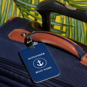 Nautical Your Name Boat Name Anchor Rope Navy Blue Luggage Tag