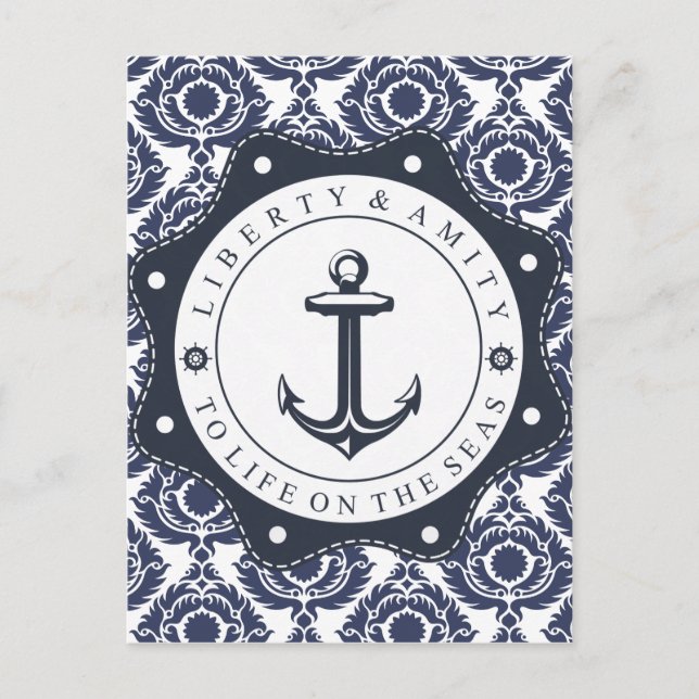 Nautico y motivo damasco azul y blanco, postcard (Front)