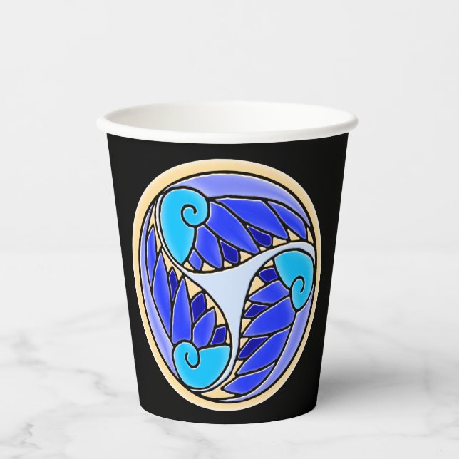 Nautilus and Palm Leaves - 3 Blues, Yellow, Black Paper Cups (Front)