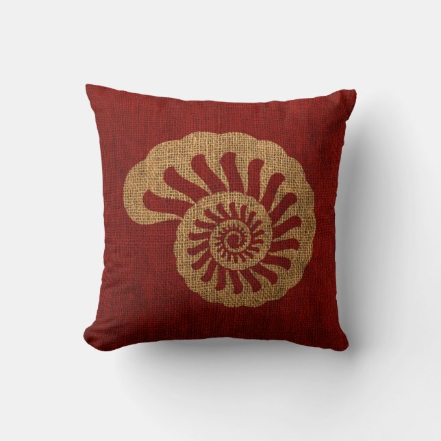 Nautilus Sea Shell in Rustic Nautical red Cushion (Front)