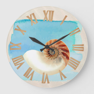 Nautilus Seashell and Sand  Large Clock